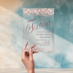 Rose gold script modern Sweet 16 clear Acrylic Invitations