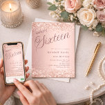 Rose gold script modern Sweet 16 Invitation<br><div class="desc">A modern Sweet 16 invitation. Rose gold gradient background and the word Sixteen written with large letters. Decorated with faux sparkles,  confetti. Personalise and add a name and party details.</div>