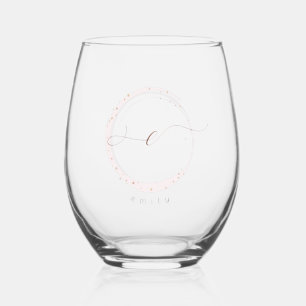 Rose Gold Script Monogram Letter E Stemless Wine Glass