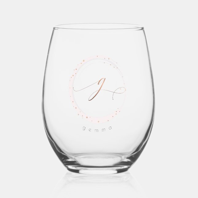 Rose Gold Script Monogram Letter G Stemless Wine Glass (Front)
