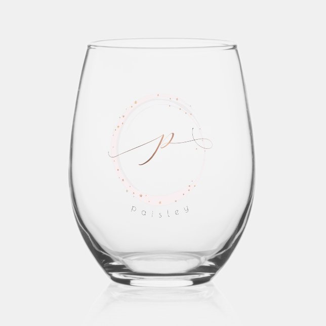 Rose Gold Script Monogram Letter P Stemless Wine Glass (Front)