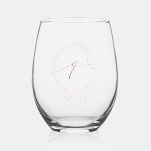 Rose Gold Script Monogram Letter Q Stemless Wine Glass