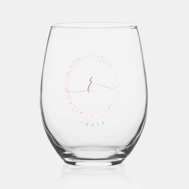 Rose Gold Script Monogram Letter R Stemless Wine Glass (Front)