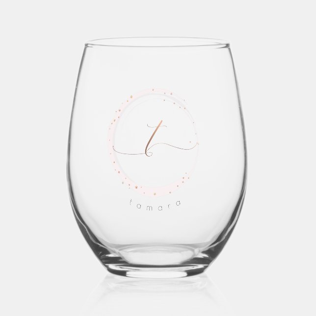 Rose Gold Script Monogram Letter T Stemless Wine Glass (Front)
