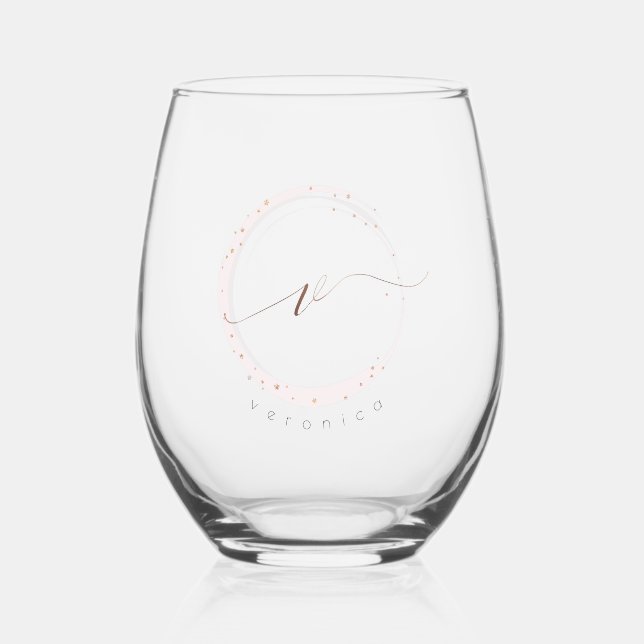 Rose Gold Script Monogram Letter V Stemless Wine Glass (Front)