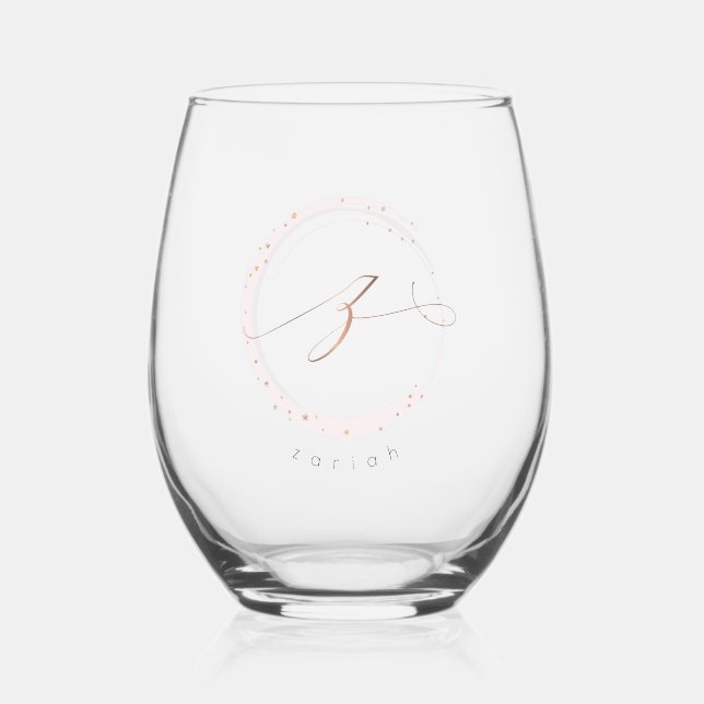 Rose Gold Script Monogram Letter Z Stemless Wine Glass (Front)
