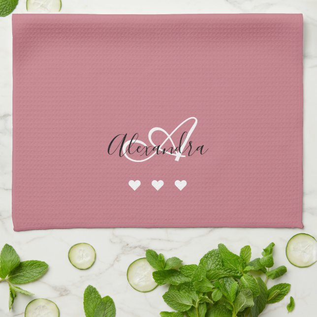 Rose Gold Script Name Monogram Hostess Tea Towel (Folded)
