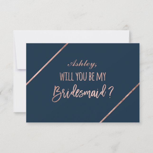 Rose gold script navy blue be my bridesmaid invitation (Front)