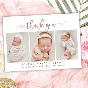 Rose Gold Script Newborn 3 Photo Collage Thank You Card