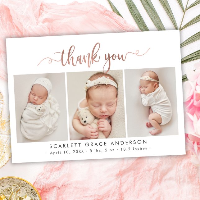 Rose Gold Script Newborn 3 Photo Collage Thank You Card (Creator Uploaded)
