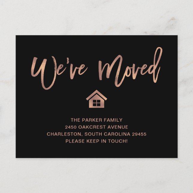Rose Gold Script on Black | Moving Announcement Postcard (Front)