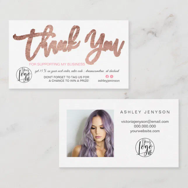 Rose gold script photo logo order thank you business card | Zazzle
