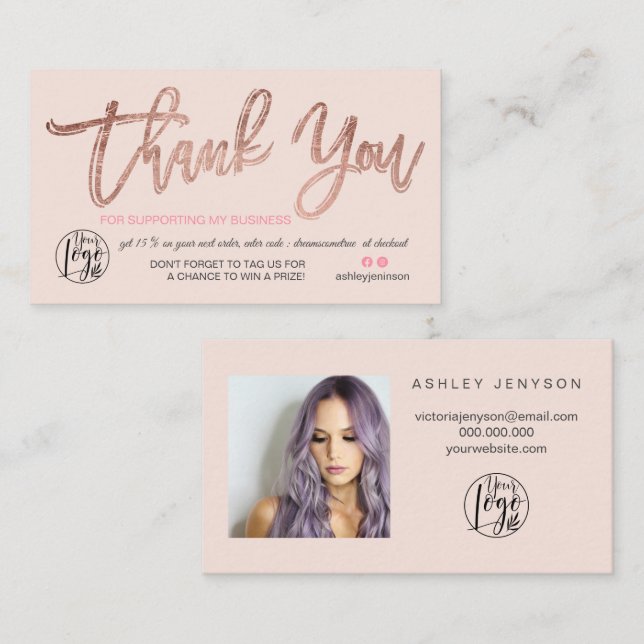 Rose gold script photo logo pink order thank you business card (Front/Back)