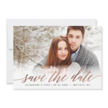 Rose Gold Script Photo Save the Date in Faux Foil