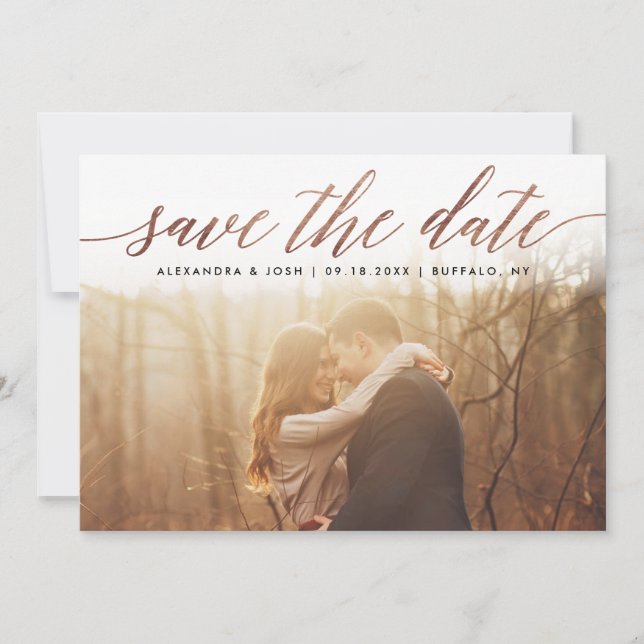 Rose Gold Script Photo Save the Date in Faux Foil (Front)