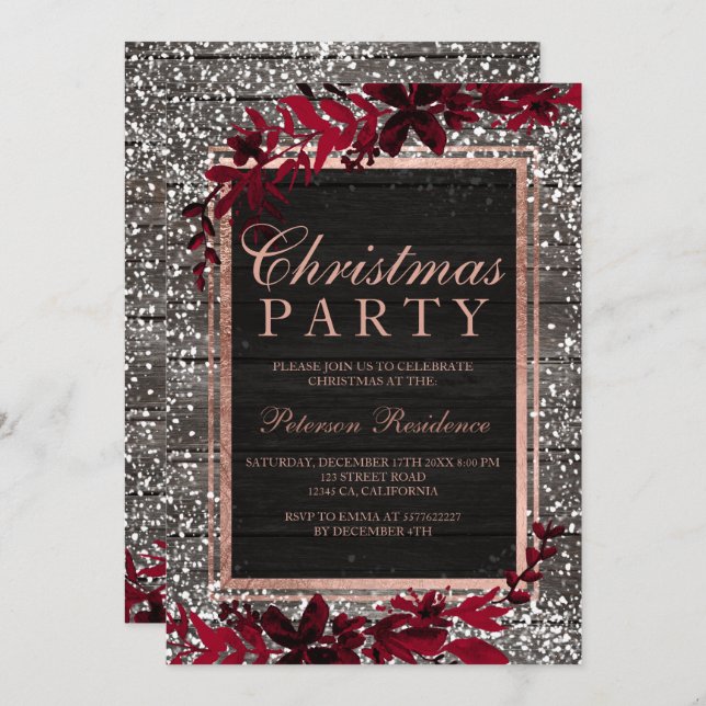 Rose gold script red leaf snow wood Christmas Invitation (Front/Back)
