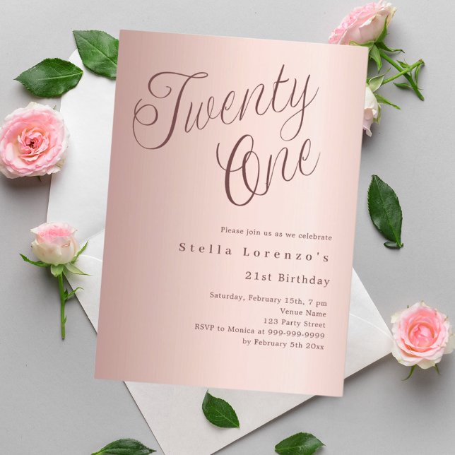 Rose gold script simple 21st birthday invitation (Creator Uploaded)