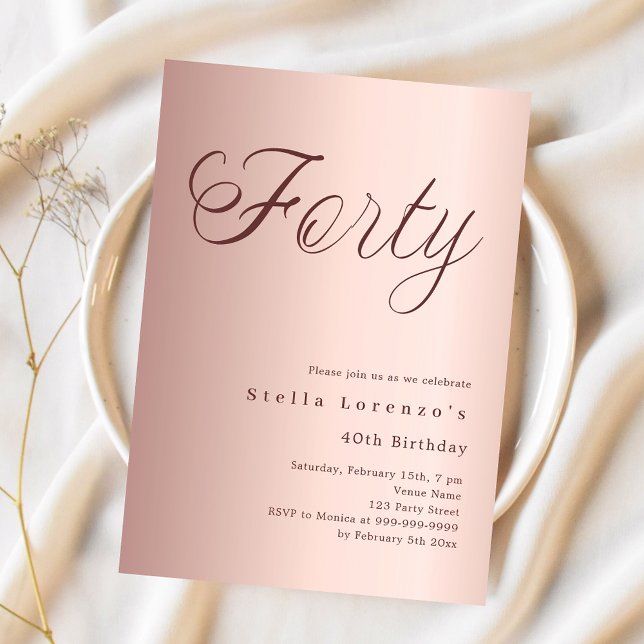 Rose gold script simple 40th birthday invitation (Creator Uploaded)