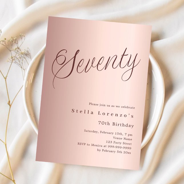 Rose gold script simple 70th birthday invitation (Creator Uploaded)