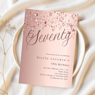 Rose gold script stars 70th birthday invitation
