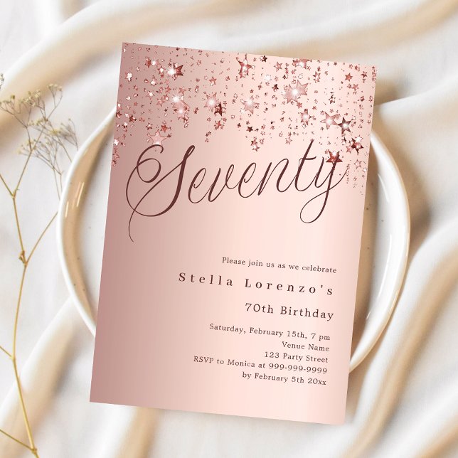 Rose gold script stars 70th birthday luxury invitation (Creator Uploaded)