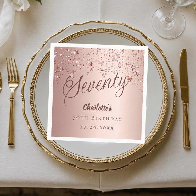 Rose gold script stars 70th birthday napkin (Creator Uploaded)