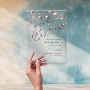 Rose gold script stars modern Sweet 16 clear Acrylic Invitations