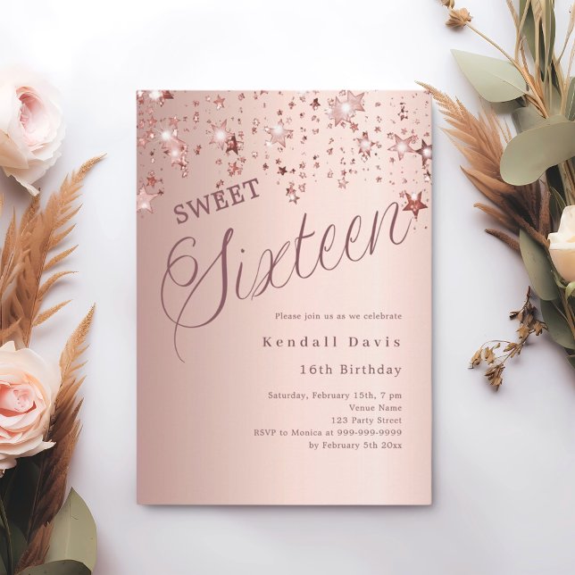 Rose gold script stars modern Sweet 16 Invitation (Creator Uploaded)