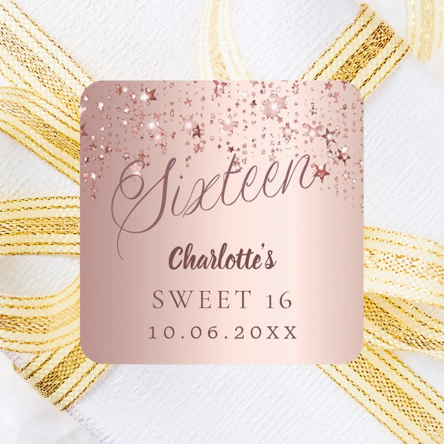 Rose gold script stars Sweet 16 Square Sticker (Creator Uploaded)