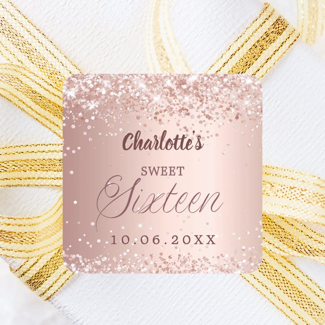 Rose gold script Sweet 16 Square Sticker (Creator Uploaded)