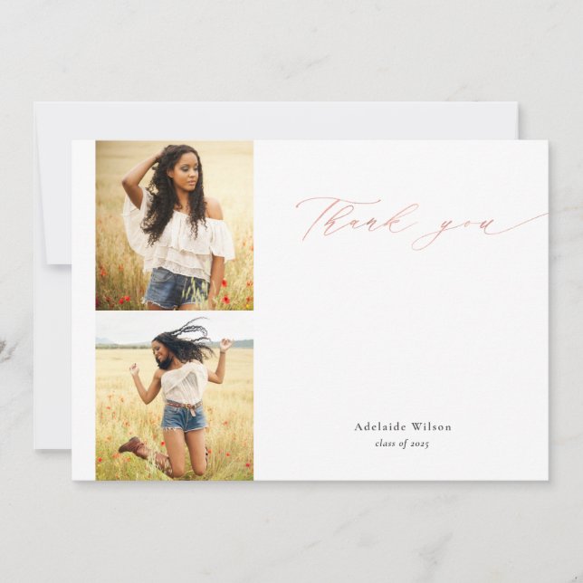 Rose Gold Script Two Photo Graduation Thank You Card (Front)