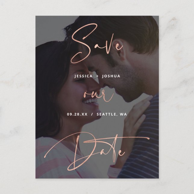 Rose Gold Script Vellum Look Photo Save the Date Postcard (Front)