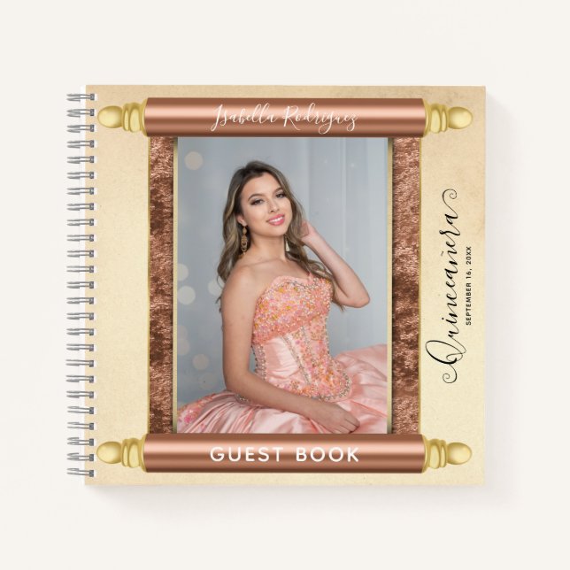 Rose Gold Scroll Photo Budget Quinceañera Guest Notebook (Front)