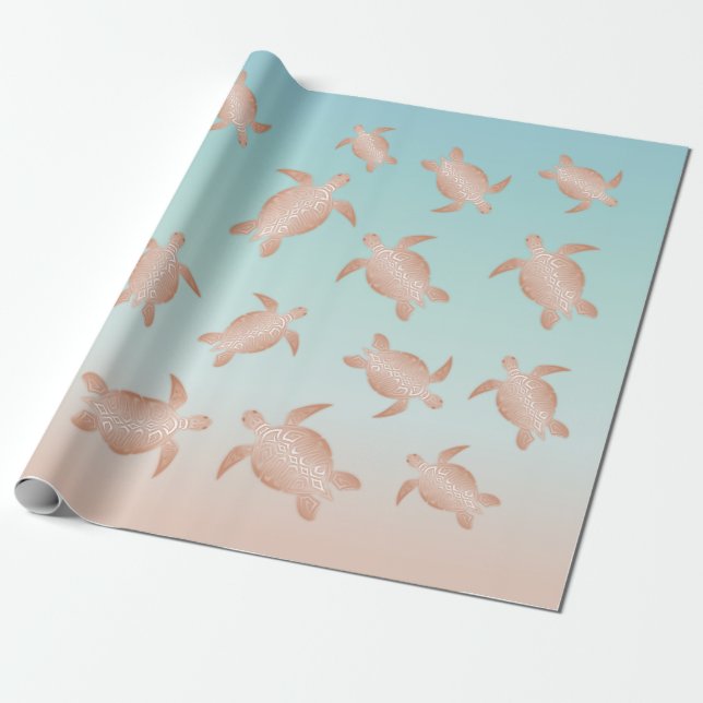 Rose Gold  Sea Turtles Beach Style Wrapping Paper (Unrolled)