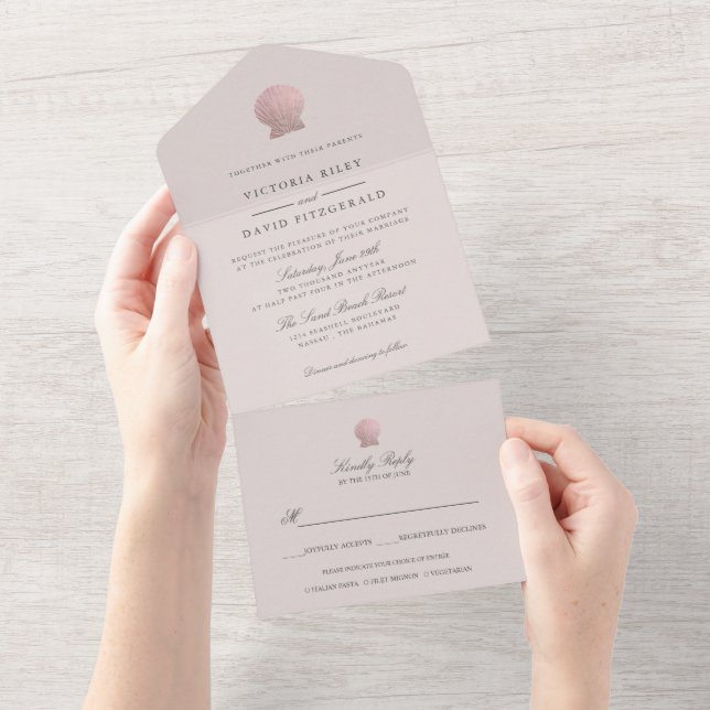 Rose Gold Seashell Elegant Ocean Beach GRAY All In One Invitation (Tearaway)
