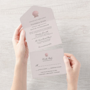 Rose Gold Seashell Elegant Ocean Beach WHITE All In One Invitation