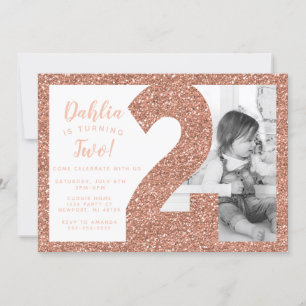 Rose Gold Second Birthday Invitation, Faux Glitter Invitation