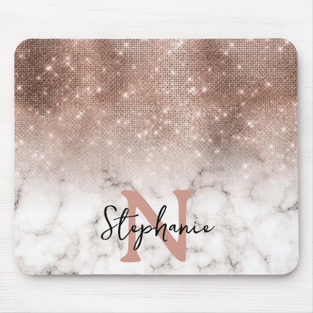 Rose Gold Sequin Glitter Marble Ombre Monogram Mouse Pad (Front)