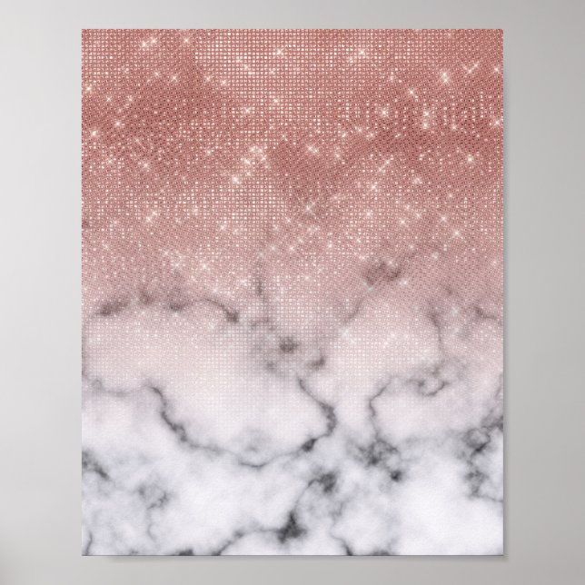Rose Gold Sequin Glitter White Marble Ombre Poster (Front)