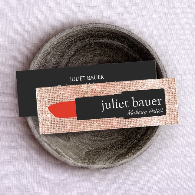 Rose Gold Sequin Makeup Artist Lipstick Beauty Mini Business Card (Creator Uploaded)