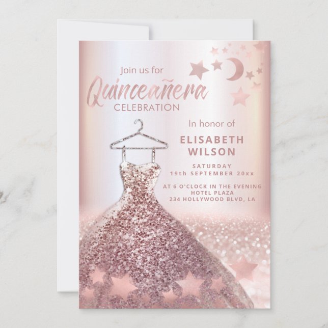 Rose gold sequins dress moon stars Quinceañera  Invitation (Front)