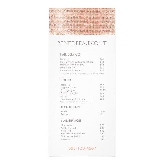 Rose Gold Sequins Salon Price List Menu (Front)