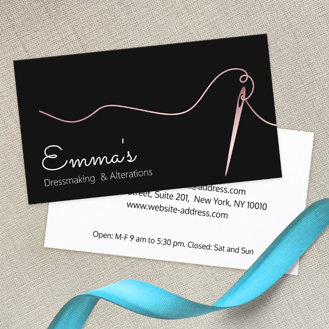 Rose Gold Sewing Needle Thread Seamstress Black Bu Business Card (Creator Uploaded)