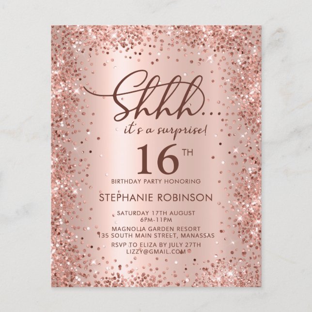 Rose Gold Shhh Surprise Sweet 16 Birthday Invite (Front)