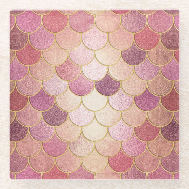 Rose Gold Shimmer Mermaid Scale Pattern Glass Coaster (Front)