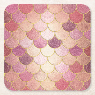 Rose Gold Shimmer Mermaid Scale Pattern Square Paper Coaster