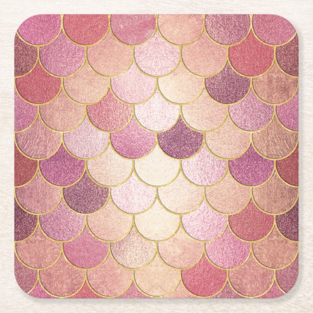 Rose Gold Shimmer Mermaid Scale Pattern Square Paper Coaster (Front)