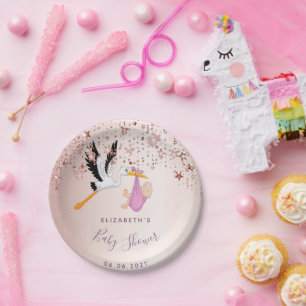 Rose gold shining stars stork girl baby shower paper plate