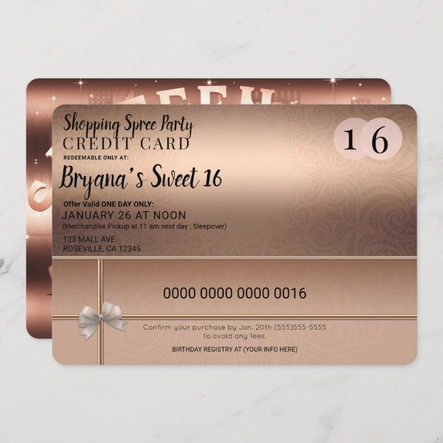 Rose Gold Shopping Spree City Limo Sweet 16 Party Invitation (Front/Back)