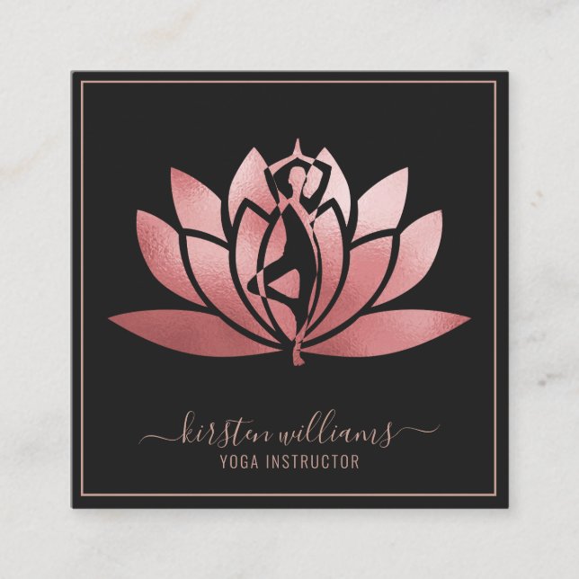 Rose Gold Signature Lotus Flower Yoga Pose Square Business Card (Front)